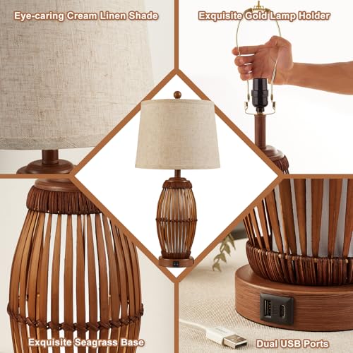 27” Vintage Bamboo Woven Table Lamps Set of 2, Farmhouse Rattan Bedside Lamps for Bedroom Livingroom Office Study with Nightlight and USB A+C, Bulbs Included