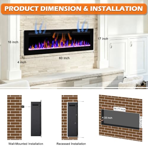 BETELNUT 60" Electric Fireplace Wall Mounted and Recessed with Remote Control, 750/1500W Ultra-Thin Wall Fireplace Heater W/Timer Adjustable Flame Color and Brightness, Log Set & Crystal Options - size: 60 Inch