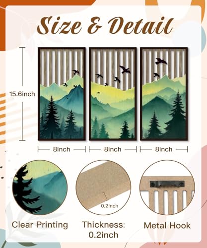 Putuo Decor Forest Mountain Wall Art Set of 3, Nature-Inspired MDF Cut-Out Panels with Bird and Tree Silhouettes, Rustic Wall Decor for Living Room Bedroom Cabin Office - color: Grass Green