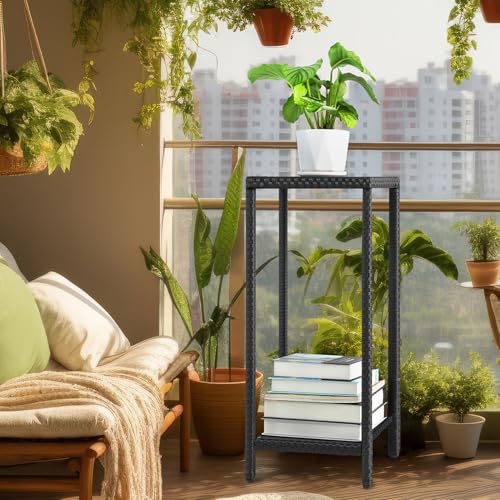 Outdoor Plant Stand 2 Tier Shelf for Patio Flower Pot Planter Stand Holder with Wicker Poly Lumber Shelves 31" Tall Corner Plant Display Rack with Adjustable Feet Heavy Duty for Balcony Porch Black