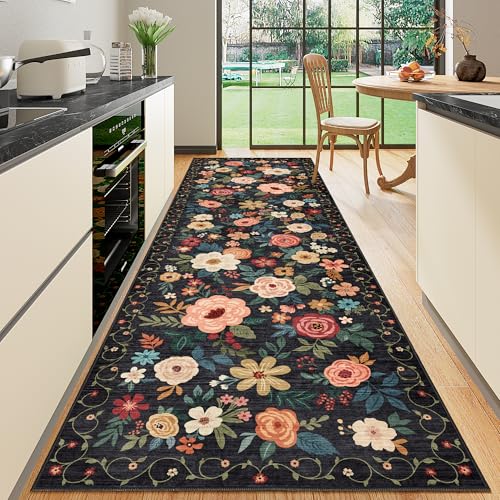 DUKINO 3x10 Runner Rug for Hallway, Washable Kitchen Floral Runner Rug with Non Slip Backing, Low Pile Soft Boho Carpet for Kitchen, Hallway, Entryway, Laundry, Bedroom, Black - color: Black, size: 3' x 10' (Rectangular)