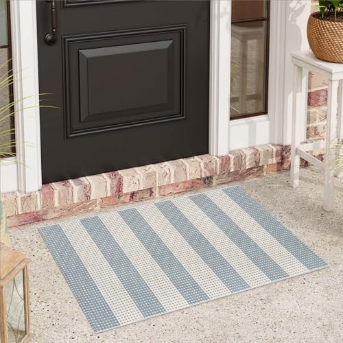 Blue and Cream Striped Rugs 2'x3', Washable Hand Woven Front Door Rug, Outdoor Welcome Mat Foldable Front Door Mats for Entryway Outside Home Entrance Farmhouse - color: Blue, size: 2'x3'