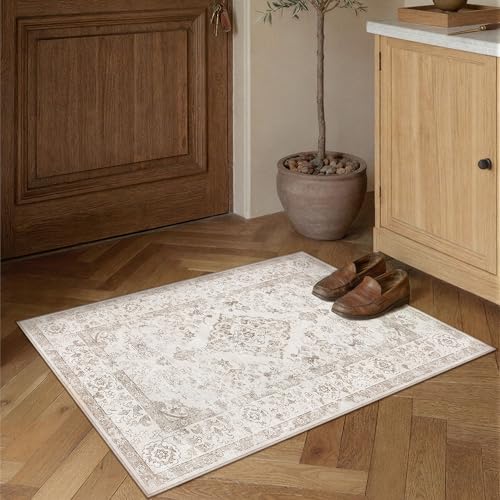 PureCozy Beige 2x3 Washable Area Rug for Living Room Neutral Vintage Floral Medallion Soft Small Door Mat Low Pile Non Slip Distressed Indoor Office Carpet for Bedroom Dining Room Nursery - color: Beige, size: 2' x 3' (Rectangular)