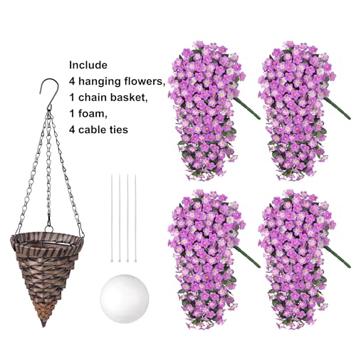 Artificial Hanging Daisy Flowers Plants Baskets for Outdoor Decoration, Fake Silk Light Fuchsia Mums Orchid Trailing Vines in Planter Realistic UV Resistant for Balcony Porch Decor - color: Fuchsia and Light Fuchsia