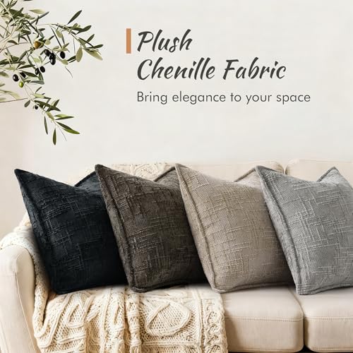 decorUhome Chenille Throw Pillow Covers 22x22 Set of 2, Soft Textured Slubby Modern Decorative Pillow Covers with Elegant Design for Couch, Sofa, Living Room, Black - color: Black, size: 22" x 22" (Pack of 2)