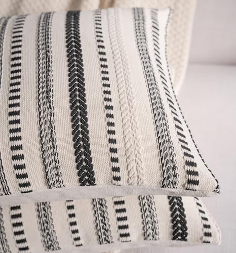 Cethom Black and Beige Boho Throw Pillow Covers 18x18 Inch Set of 2, Stripe Textured Decorative Couch Pillow Cases for Bed, Sofa, Living Room, Bedroom, Farmhouse Home Accent Cushion Covers - color: Black, size: 18" x 18" (Pack of 2)