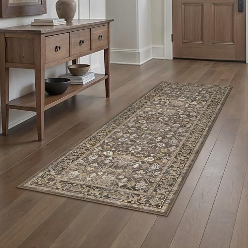 2x6 Brown Washable Vintage Runner Rug for Living Room Soft Floral Non Slip Runner Area Rug Modern Low Pile Stain Resistance Carpet Doormat Hallway Kitchen Stair Bedroom Bathroom - color: Neutral | Brown, size: 2'x6'