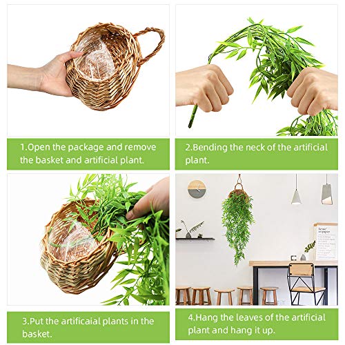 ANZOME Artificial Hanging Plants with Wall Basket, 2.7ft Faux Bamboo Vines for Shelf Decor, Fake Potted Greenery for Bathroom, Kitchen Cabinet Top (DIY Shapeable Set) - color: Wood+bamboo Leaves