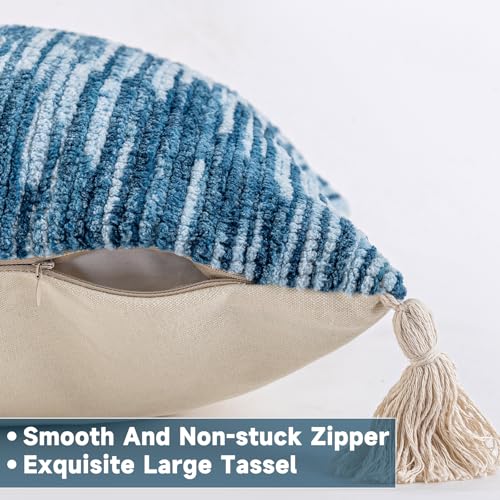 AmHoo Boho Throw Pillow Covers Set of 2 Decorative Bohemian Woven Tufted Striped Farmhouse with Tassels Textured Cushion Case Pillowcase Neutral for Sofa Couch Bed 18 x 18-Inch Sky Blue - color: Sky Blue, size: 18" x 18" (Pack of 2)