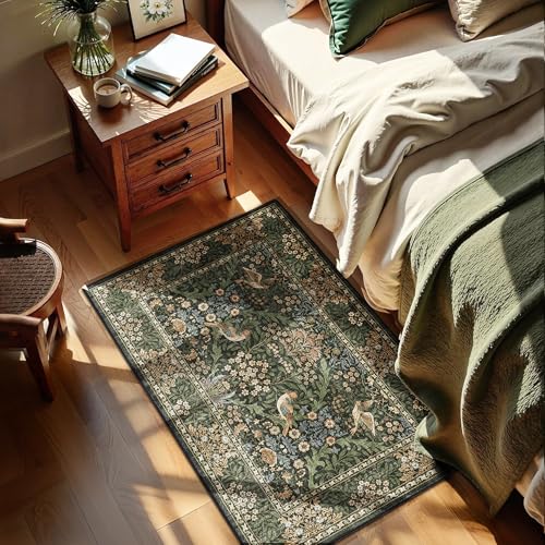 2x3 Floral Washable Area Rug for Entryway, Vintage Boho Rugs for Living Room Bedroom Dining Room, Botanical Birds Non Slip Low Pile Forest Animal Throw Carpet for Farmhouse Office, Retro Gold/Green - color: Gold Green (Larger Pattern), size: 2' x 3' (Rect