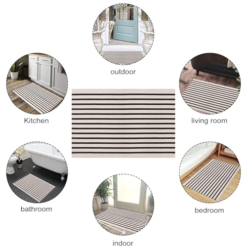 LEEVAN Black and White Striped Outdoor Rug Runner 2x4.3 Layering Doormat Farmhouse Front Porch Rug Cotton Woven Washable Throw Carpet for Hallway/Front Steps/Bathroom/Kitchen/Home Entrance - color: Black and White, size: 2' x 4'3" (Rectangular)