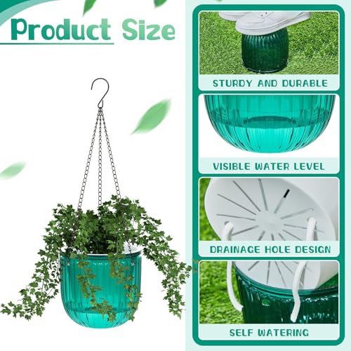 Meanplan 4 Pcs Self Watering Hanging Planter Indoor 6.5 Inch Hanging Baskets for Plants Outdoor Plastic Flower Pot with 3 Hooks Chains Drainage Holes for Garden Home, Medium Size(Emerald) - color: Emerald
