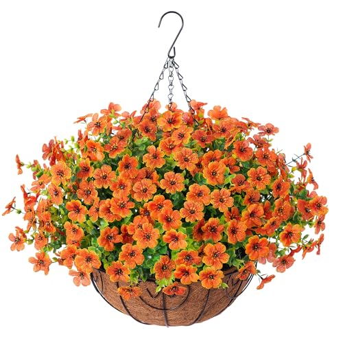 HyeFlora Artificial Fake Fall Hanging Plants Flowers Basket for Outdoor Decor, Faux Silk Orange Mums Daisy in Planter Look Real UV Resistant for Autumn Porch Home Patio Garden Yard Decoration - color: Orange