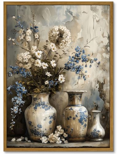 Framed Rustic Farmhouse Floral Canvas Wall Art Blue and White Vase Poster Prints Vintage Still Life Flower Picture Elegant Rural Countryside Painting Wall Decor for Living Room Office Bedroom 12x16in - color: Blue Flower, size: 16"L x 12"W