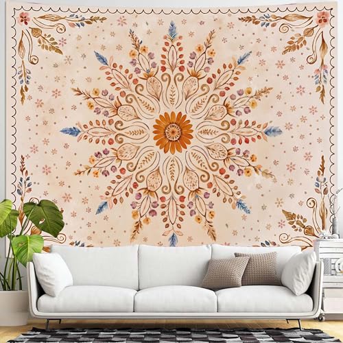 Fowocu Boho Floral Mandala Tapestry for Bedroom Aesthetic Watercolor Bohemian Flower Wall Tapestry Brown Beige Hippie Indian Extra Large Tapestries Wall Hanging for Living Room Dorm Decor 90 x 68 Inch - color: Brown Yellow, size: 90"L x 68"W