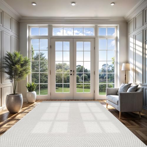 CAMILSON Easy Jute Rug 10x14 Indoor Outdoor Off-White Farmhouse Area Rugs for Living Room Patio and Kitchen Rug Solid Woven Design Easy-Cleaning Washable Outside Carpet Alfombras 10 x 14 - color: Basketweave/Bone, size: 10' x 14' (Rectangular)