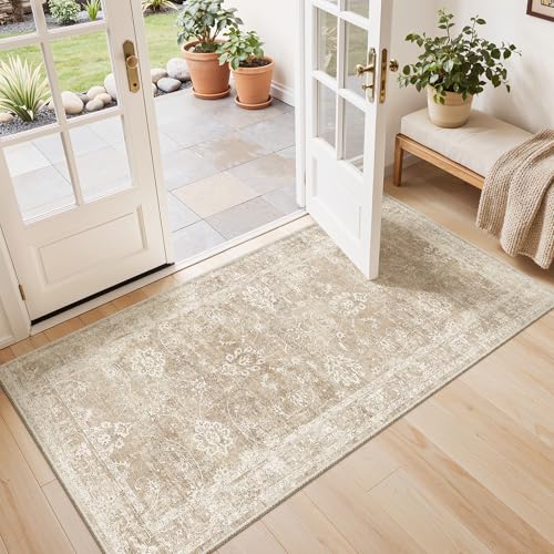 Madane 2x4 Washable Rugs for Entryway, Low Pile Non-Slip Area Rug Kitchen Door Mat, Vintage Soft Throw Neutral Rug Floor Mat for Indoor Front Entrance Bathroom Hallway (2 x 4, Beige/Brown) - color: Beige/Brown, size: 2' x 4' (Rectangular)