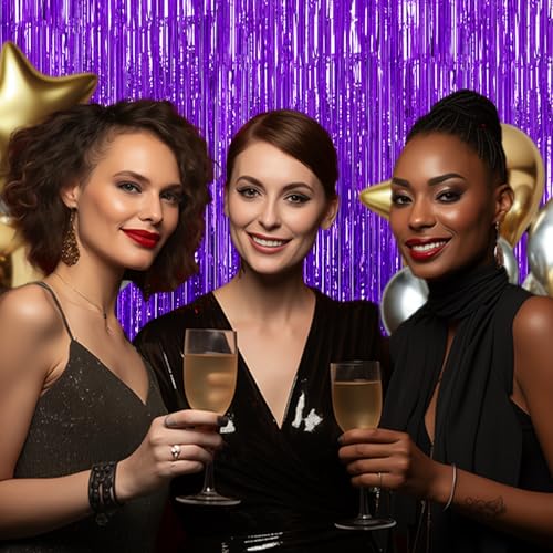 DECOCKRAT 3 Pack Foil Fringe Backdrop - Purple Shiny Tinsel Curtains for Party Decoration/Photo Booth Props - 3.3x8.2 FT Metallic Foil Backdrop for Birthday, Wedding, Graduation, Christmas. - color: Purple