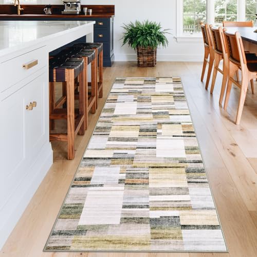 Garvee Geometric Washable Rugs for Entryway 2x10 Runner Rug Non Slip Kitchen Rugs Indoor Modern Soft Bath Mat Low Pile Stain Resistant Carpet for Bedroom Hallway Laundry Living Room 2'x10' Khaki - color: Grey Multi, size: 2' x 10' (Runner)