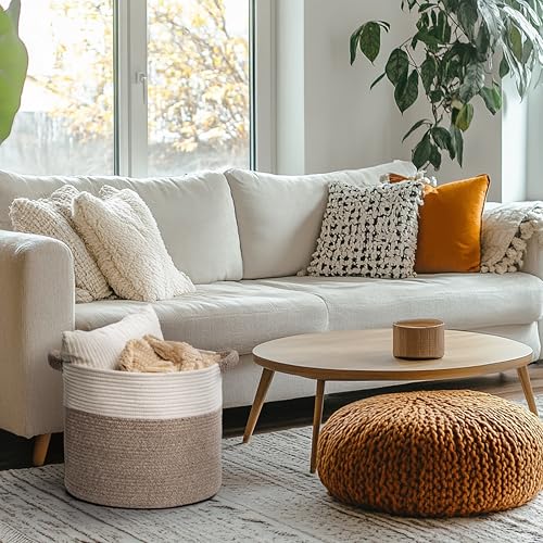 Blanket Basket (16"Dx14"H) - Round Woven Rope Storage for Living Room Throws, Pillows & Laundry - White/Mixed Brown - color: White/Mixed Brown, size: 16" X 16" X 14"