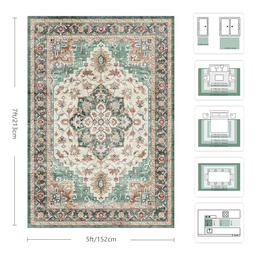 5x7 Area Rugs - Washable Rug Vintage Distress Boho Medallion Rugs for Living Room, Soft Non-Slip Backing Low Pile Carpet for Bedroom Dining Room Office Nursery Dorm Home, Green Brown - color: B-green Brown, size: 5' x 7' (Rectangular)