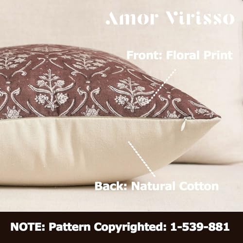 Amor Virisso Floral Pillow Covers 18x18 Inch Farmhouse Block Print Pillow Cover Accent Square Neutral Modern Decorative Throw Pillow Covers for Living Room Couch Bed Sofa Chair, Brown - color: Brown, size: 18" x 18" (Pack of 1)