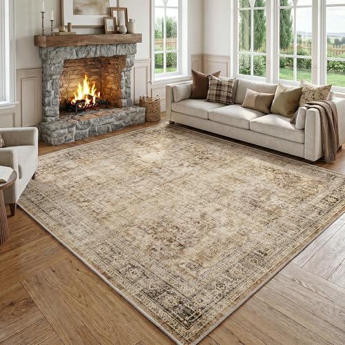 FMFUNCTEX 8x10 Washable Area Rug Brown Neutral Vintage Distressed Oriental Large Non Slip Carpet for Living Room Bedroom Traditional Retro Soft Low Pile Indoor Rugs for Dining Room Office Nursery - color: Brown, size: 8' x 10' (Rectangular)