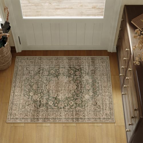 2x3 Washable Area Rug Green Brown Vintage Non Slip Soft Low Pile Small Rug for Entryway Kitchen Bathroom Distressed Oriental Throw Carpet for Living Room Bedroom Home Decor - color: Green/Brown, size: 2' x 3' (Rectangular)