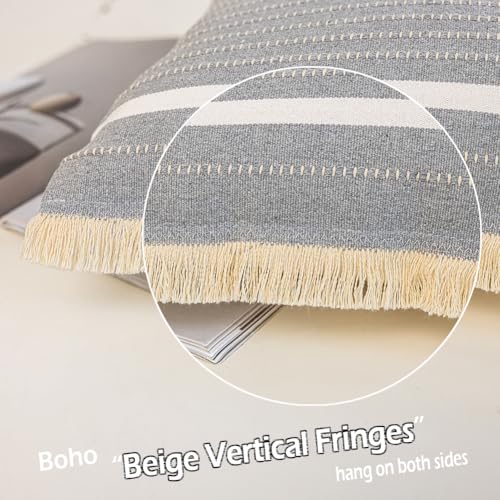 CARRIE HOME Modern Farmhouse Grey Pillow Covers 18x18 with Tassels 1 Pack, Neutral Gray Striped Throw Pillow Covers 18 x 18, Grey Cotton Woven Boho Couch Pillows for Couch Bed (No Pillow Inserts) - color: Grey (With Tassels), size: 18" x 18" (Pack of 1)