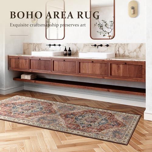 Deerly 3x8 Washable Vintage Area Rugs for Hallway Bohemian Non-Slip Low-Pile Floor Carpet for Kitchen Bathroom Bedroom Dining Room, Brickred/Multi - color: Brickred & Multi, size: 3' x 8' (Runner)