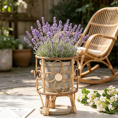 Boho Rattan Plant Stand Indoor Outdoor Floor Wooden Wicker Planter Shelf Baskets with Legs Rustic Farmhouse Rack Flower Pot Holder Vintage Home Decor for Flower Pot Living Room Balcony Display