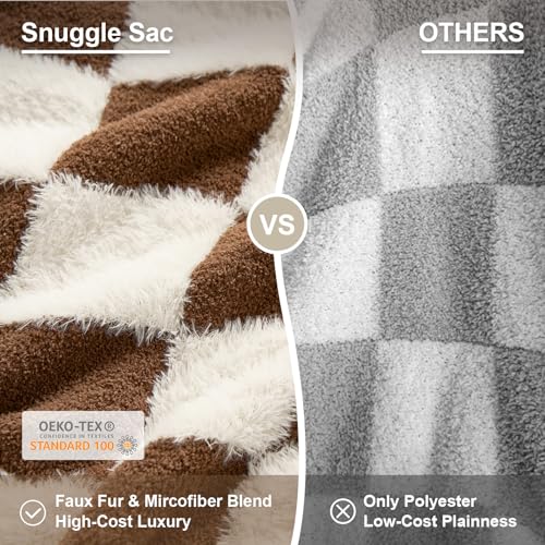 Snuggle Sac Brown Checkered Throw Blanket Faux Fur Microfiber Blankets for Couch,Cozy Soft Warm Blanket for Sofa Bedroom Living Room,Brown Checker,50x60 inches - color: Brown White, size: Throw(50"x60")