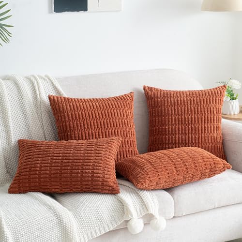 Pack of 2 Burnt Orange Corduroy Decorative Pillow Covers 18x18 Inch Soft Boho Striped Throw Pillow Covers Modern Farmhouse Home Decor for Summer Sofa Living Room Couch Bed - color: Burnt Orange, size: 18" x 18" (Pack of 2)