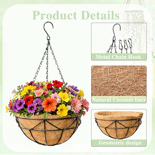 EIMQUVW 14 Inch Coconut Fiber Hanging Planter 4 Packs Durable Metal Hanging Baskets with Chains Outdoor Wire Pot for Spring and Summer Front Porch Garden Decoration - size: 14 Inch, style: Geometric