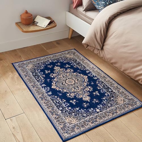 HOMORE Entryway Rug 2x3 Small Rugs for Bedroom, Navy Blue Floral Faux Wool Non Slip Washable Low Pile Indoor Doormat for Entance Kitchen Bedside, Accent Rugs for Room Decor - color: Navy Blue, size: 2' x 3' (Rectangular)