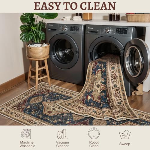 Tangsoo Oriental 2x3 Washable Rugs, Vintage Non Slip Small Area Rug, Indoor Front Door Rug for Entryway, Door Mat Indoor Entrance Soft Low Pile Throw Rugs for Entry Kitchen Bedroom Dark Blue Beige - color: Dark Blue/Beige, size: 2' X 3' (Rectangular)