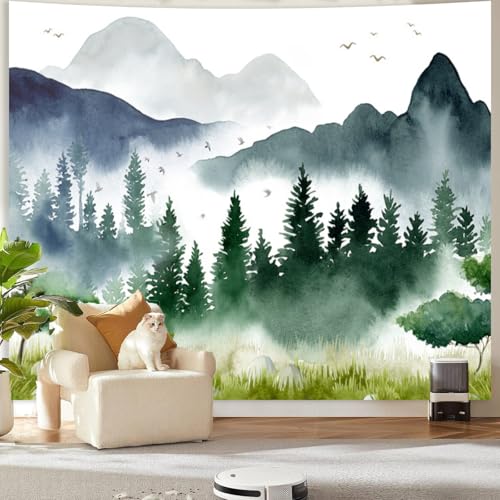 Apdidl Forest Mountain Wall Tapestry for Bedroom, Nature Foggy Mountain Scenery Tapestries, Green Misty Tree Landscape Watercolor Backdrop Tapestries Wall Hanging for Living Room (51" X 60") - color: Green Forest Tapestry, size: 60"L x 51"W
