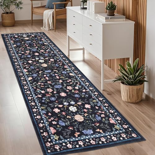 GarveeHome Washable Runner Rug 2.5 x 8 Non-Slip Non-Shedding Soft Vintage Bedside Low Pile Farmhouse Floral Carpet, Indoor Foldable Printed Entryway Rug for Hallway Kitchen, Dark Grey Blue - color: Dark Grey Blue, size: 2'6" x 8' (Rectangular)