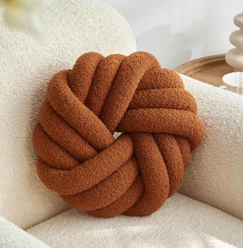 Brown Knot Pillow 13.7'' Round Throw Pillow Soft Plush Knot Ball Pillow Handmade Knotted Pillow Modern Home Decorative Knotted Pillow Cushion for Bed Bedroom, Sofa, Couch - color: Brown