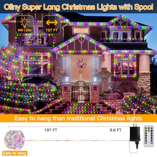 Ollny Christmas Lights Outdoor 600LED 197FT, Multicolor Christmas Tree Lights IP67 Waterproof, Plug in Fairy Lights with Remote 8 Modes Timer, Xmas Light for Indoor House Holiday Decor - color: Multicolord, size: 600 LEDs