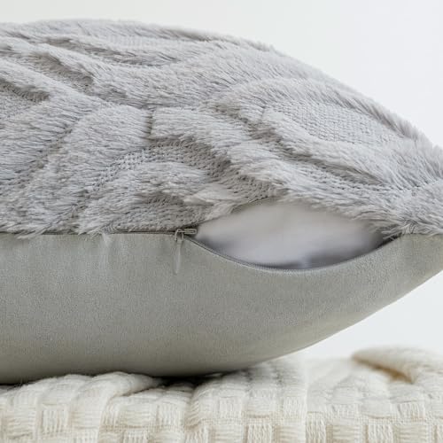 MIULEE Light Grey Throw Pillow Covers 18x18 Inch, Soft Winter Plush Faux Wool Couch Pillow Covers Set of 2 Decorative Farmhouse Boho Throw Pillows for Sofa Living Room Bed - color: Light Grey, size: 18" x 18" (Pack of 2)