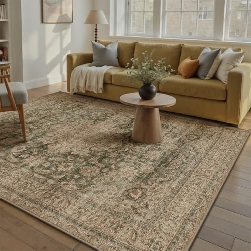 5x7 Washable Area Rug Green Brown Vintage Non Slip Soft Low Pile Rug for Living Room Bedroom Dining Room Office Distressed Oriental Indoor Throw Carpet for Home Decor - color: Green/Brown, size: 5' x 7' (Rectangular)