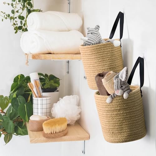 MEGASKET 2 Pack Hanging Basket, Small Wall Baskets for Organizing, Wicker Boho Wall Decor Set, Indoor Hanging Plant Holder, Rattan Woven Organizer for Home Decor, Farmhouse Storage Bin, Jute - color: Jute