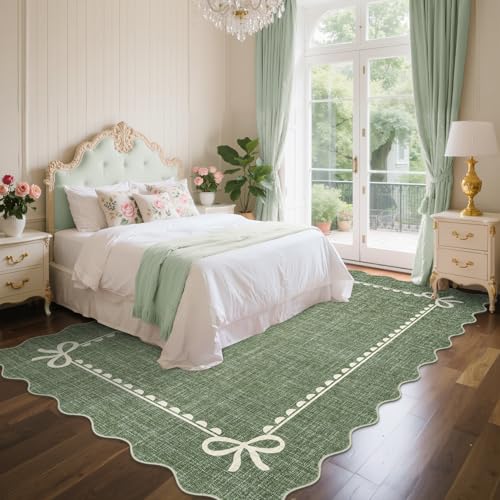 GarveeHome Scalloped Bow Rug for Living Room, Solid Green Rug for Dorm, Washable Rugs 9x12 Soft Low Pile Non Slip Scalloped Rugs for Nursery College Bedroom Decor Kids Room Playroom - color: Green, size: 9' x 12' (Rectangular)