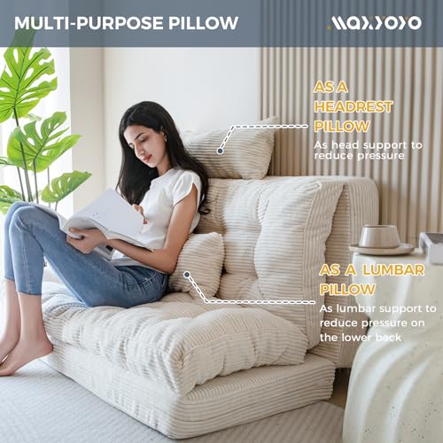MAXYOYO Folding Sofa Bed, Tufted Bean Bag Bed with Pillows Floor Couch for Adults, Extra Thick and Long Floor Sofa, Full Floor Couch Bed for Bedroom Living Room, Beige, 54x91 Inch - color: Beige, size: Tufted Full
