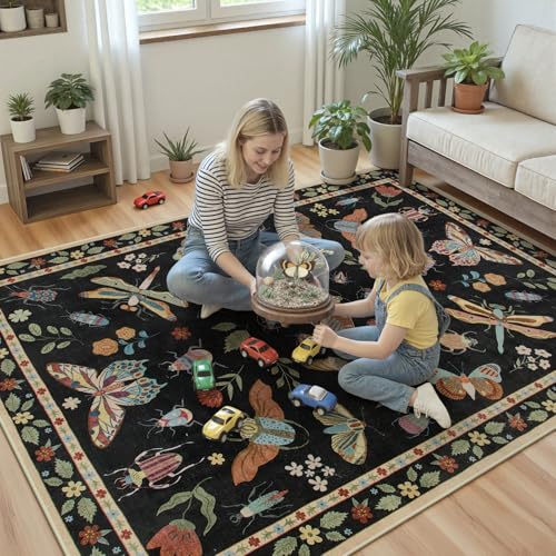 Beeiva Insect Print Rug 5x7, Washable Rugs for Living Room, Boho Non Slip Low Pile Ultra Thin Foldable Large Carpet for Office Bedroom Kids Room Playroom Apartment Dorm Classroom Decor(Black,5x7ft) - color: Black, size: 5' x 7' (Rectangular)