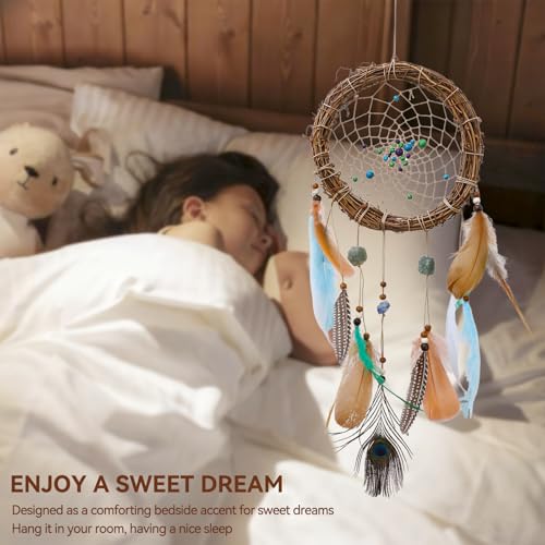 Rattan Dream Catchers with Peacock Feather, Boho Wall Decor Rustic Wooden Native American Wall Art for Bedroom Living Room (Green Blue Mix) - color: Green Blue Mix
