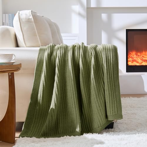 Chunky Knit Olive Green Throw Blanket 50"x60",Soft Cozy Thick Knitted Blanket for Couch Sofa Bed,Fisherman Cable Knit Cute Decorative Throw for Living Room - color: Olive Green, size: 50"x 60"