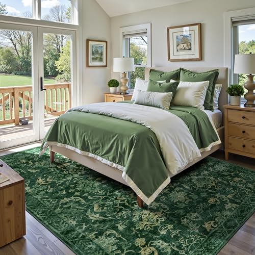 Deerly Dark Green Area Rugs 9x12 for Living Room Soft Non-Slip, Large Bedroom Rug Vintage Dining Room Rug Tribal Farmhouse Carpet for Dining Room Office Green - color: Dark Green, size: 9'x12'