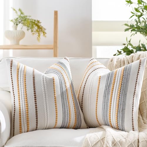 Boho Pillow Covers 18x18 Inch Orange Blue White Striped Farmhouse Decorative Accen Throw Pillow Covers Boho Cushion Case for Bed Sofa Couch Home Decor Set of 2 - color: Orange Blue White